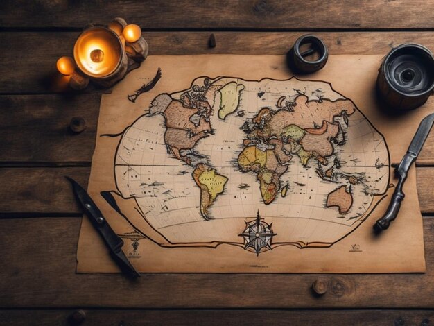 une carte du monde avec un crayon et un stylo dessus