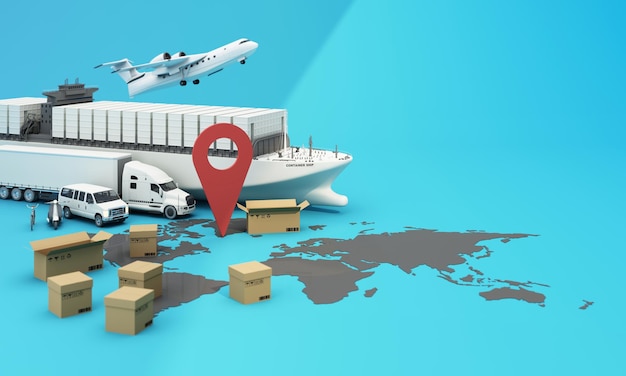 la carte du monde entourée de boîtes de carton un conteneur de fret un avion volant une voiture une fourgonnette et un camion avec emplacement GPS sur fond bleu rendu 3D