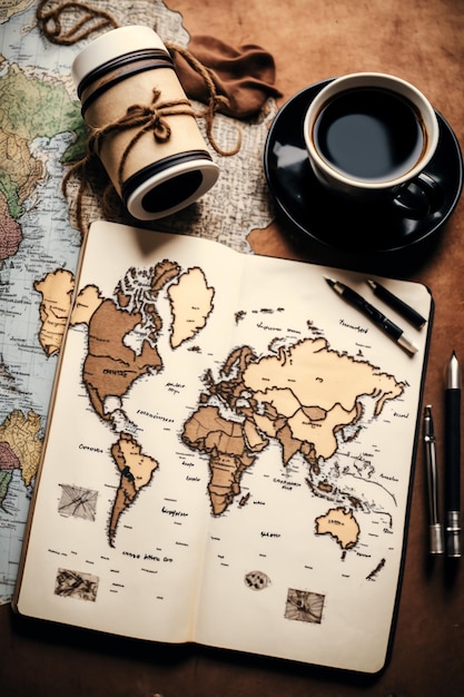 Une carte du monde est ouverte sur un cahier avec une tasse de café dessus.