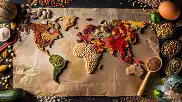 Photo une carte du monde faite d'épices et de graines sur une table en bois les continents sont faits de différentes épices telles que le paprika de curcuma et le cumin