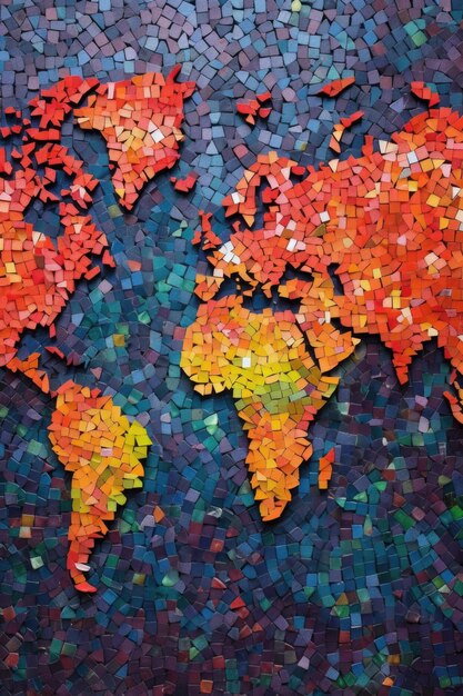 Carte du monde faite de mosaïques colorées créées avec une IA générative
