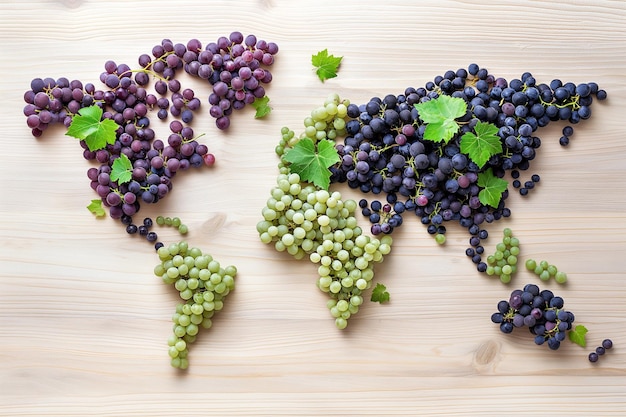 Carte du monde faite de raisins Vin plat créatif et concept de cave mondiale Production de vin dans tous les pays du monde du vin Élément de conception pour l'infographie Publicité d'affiche de vente