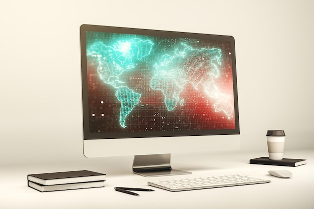Carte du monde graphique abstraite sur l'écran d'un ordinateur portable moderne et concept de communication Rendering 3D