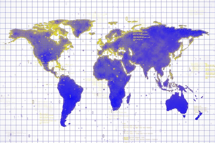 Photo carte du monde avec grille numérique et points de données 3d