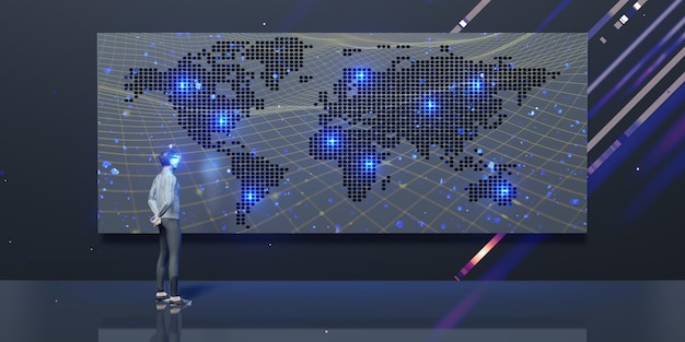 Carte du monde hologramme homme portant des lunettes vr technologie de navigation de réalité virtuelle planification de voyage 3d