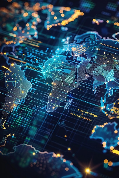 Une carte du monde holographique futuriste recouverte d'une visualisation de données en temps réel