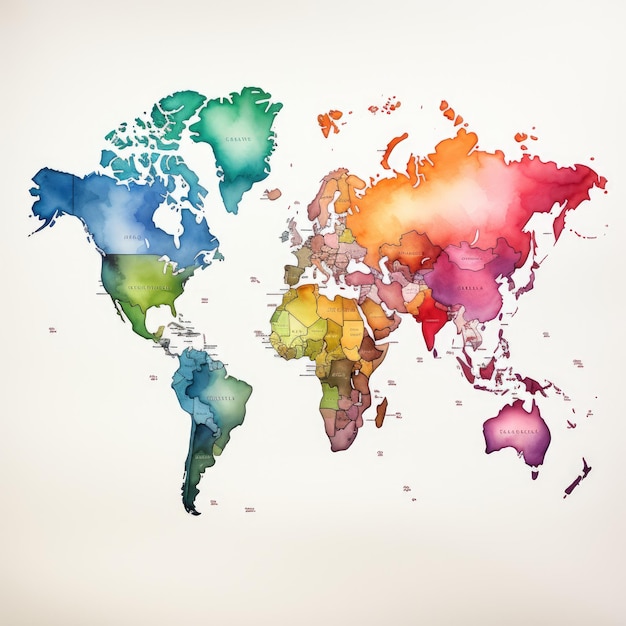 Carte du monde d'inspiration rétro aquarelle Clipart avec dégradé pastel doux sur fond blanc