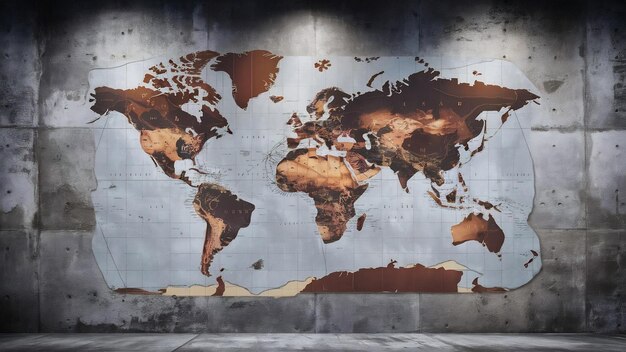 Une carte du monde isolée sur un mur de béton.