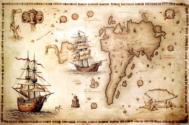 Une carte du monde avec un navire et une carte du monde