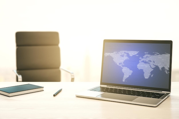Carte du monde numérique abstraite sur un moniteur d'ordinateur moderne Big Data et le concept de blockchain Rendering 3D