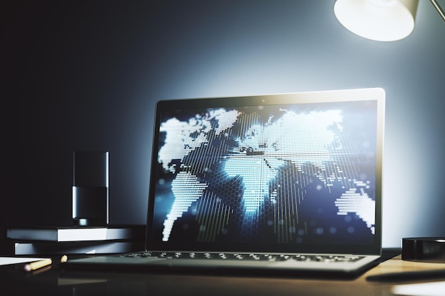Carte du monde numérique abstraite sur un moniteur d'ordinateur moderne Big Data et le concept de blockchain Rendering 3D