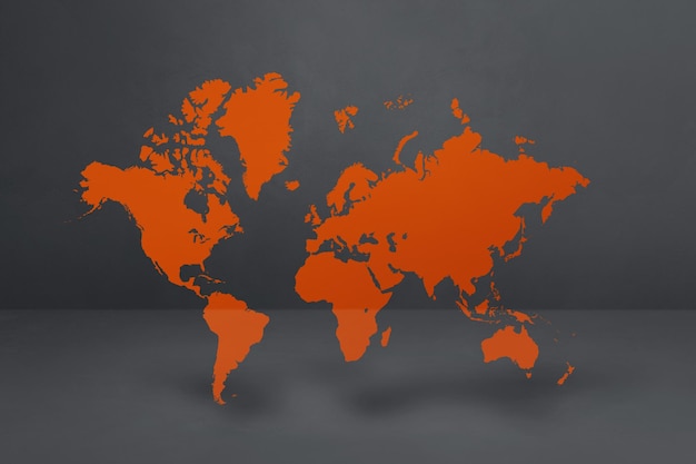 Carte du monde orange sur fond de mur de béton noir illustration 3D