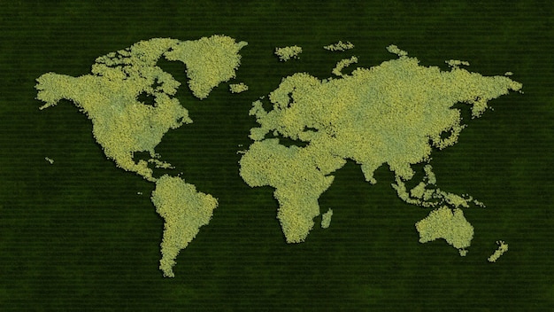 Carte du monde à partir de feuilles sur fond d'herbe rendu 3D