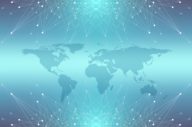 Carte du monde politique avec concept de réseautage technologique mondial. Visualisation des données numériques. Lignes du plexus. Communication d'arrière-plan Big Data. Illustration scientifique.