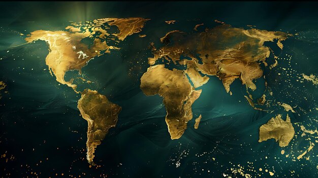 Une carte du monde réaliste et incroyablement détaillée faite d'or sur un fond sombre