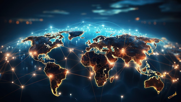 Carte du monde avec réseau de connexion lumineux à points brillants mondial