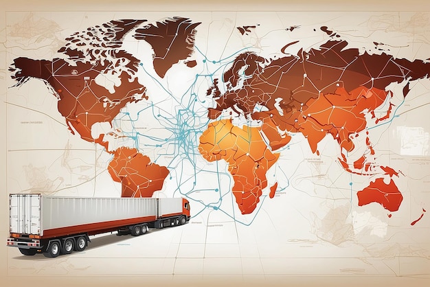 Photo carte du monde avec réseau de distribution logistique en arrière-plan container cargo navire de fret commandes de marchandises en ligne dans le monde entier
