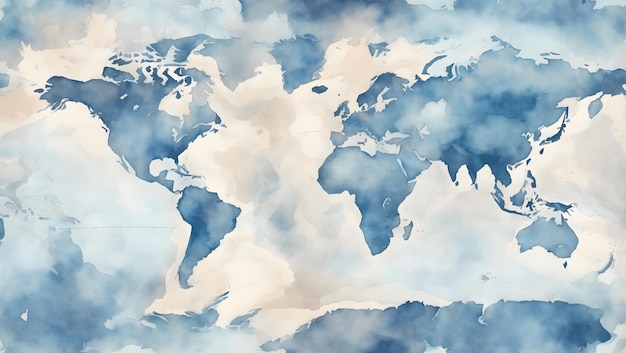 Une carte du monde stylisée avec une teinte bleu vif et un motif unique d'illustration de masses terrestres