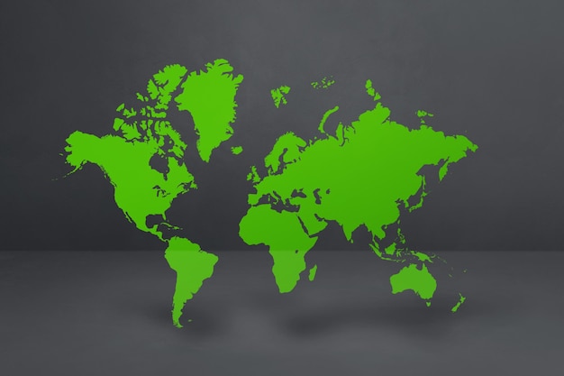 Carte du monde verte isolée sur fond de mur en béton noir illustration 3D