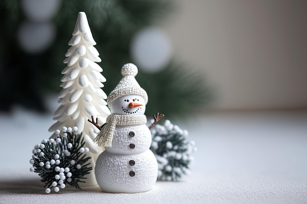 Carte du Nouvel An avec un bonhomme de neige jouet et un arrière-plan lumineux minimaliste