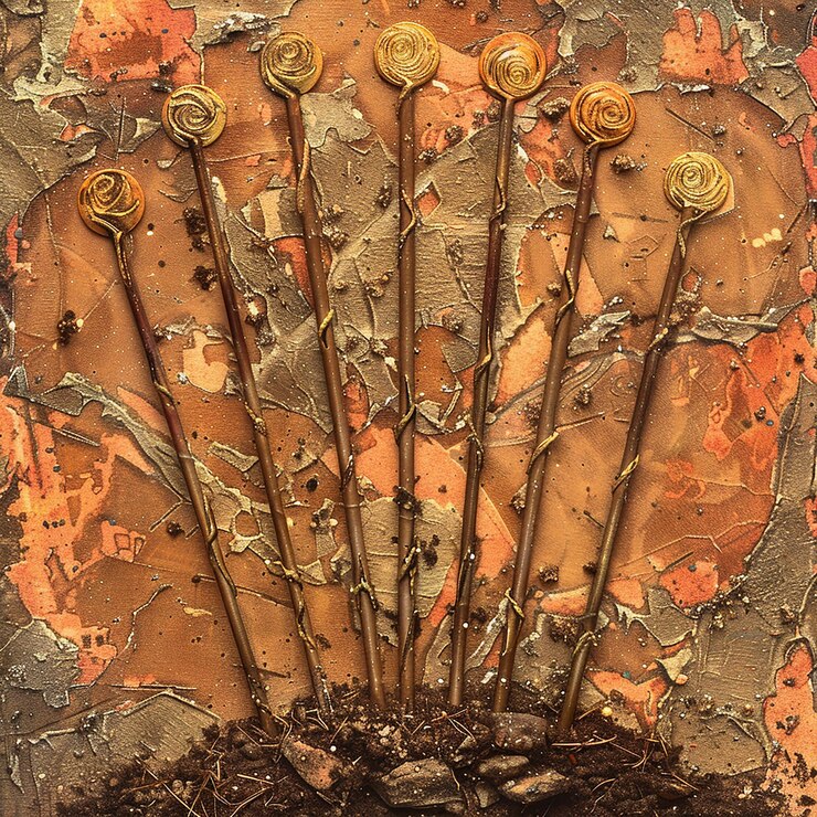Photo la carte du tarot le neuf des bâtonnets neuf tiges séparées qui sortent du sol dans le style de nick p