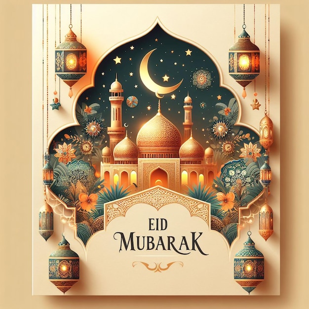 Carte d'Eid Mubarak avec un design festif et des vœux chaleureux