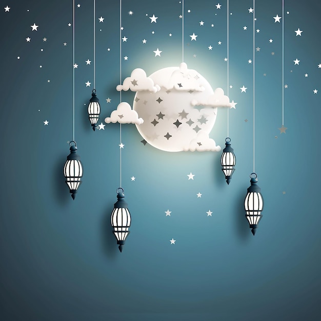 carte élégante de ramadan avec des nuages et une mosquée