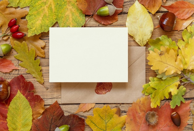 Carte entre les feuilles d'automne colorées et les baies sur la maquette rustique de vue de dessus de table en bois