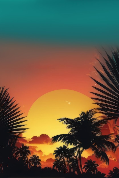 Carte d'été affiche flyer carte d'invitation fond tropical avec palmiers ciel et coucher de soleil