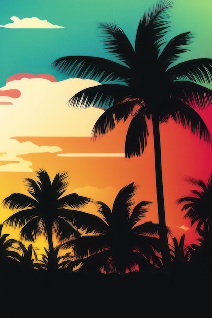 Carte d'été affiche flyer carte d'invitation fond tropical avec palmiers ciel et coucher de soleil