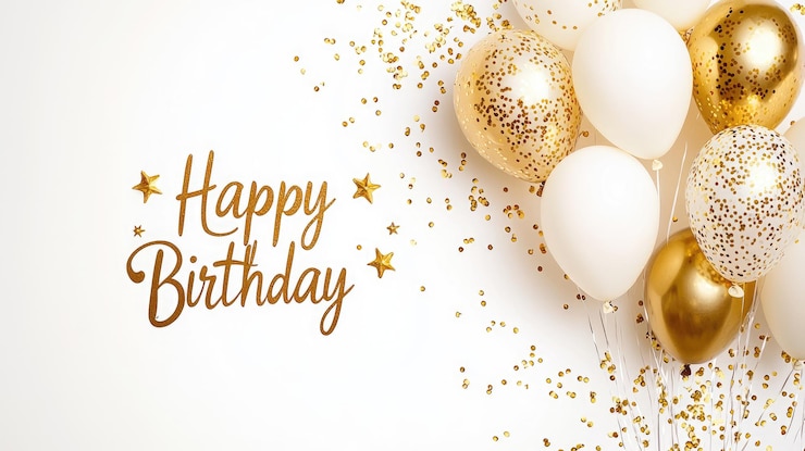 Photo carte de félicitations d'anniversaire avec des ballons colorés et un dessin festif