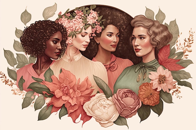 Carte de la fête des femmes de belles fleurs avec des femmes de différentes ethnies se tenant fièrement les unes à côté des autres Groupe de soutien et d'unité de femmes fortes Fraternité et amitié féminine