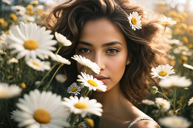 Photo une carte de la fête des femmes avec un visage de femme et des marguerites