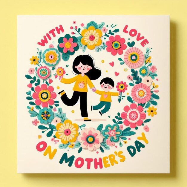 Photo carte de la fête des mères avec un cercle floral vibrant et des dessins animés