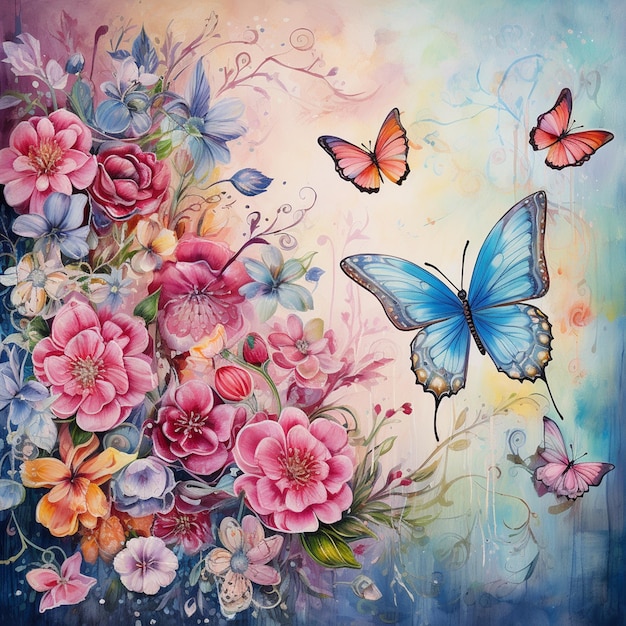 carte de la fête des mères avec des fleurs et des papillons en fleurs