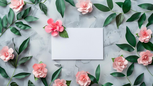 Photo une carte avec des fleurs roses sur une table en marbre