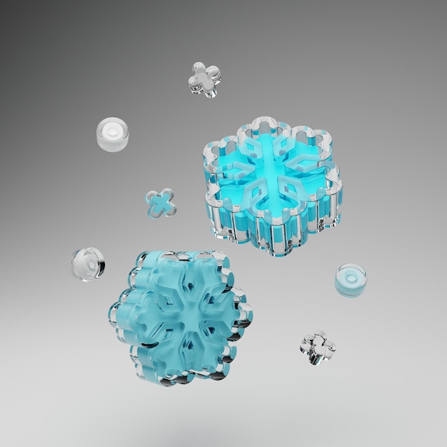 Carte avec flocon de neige tombant en verre 3d Éléments de conception du nouvel an Flocons de neige bleu brillant Illustration 3d réaliste