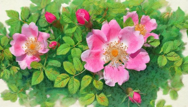 Photo carte florale romantique paysage d'aquarelle d'été avec une rose sauvage en fleurs