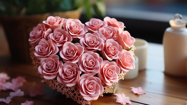 Carte en forme de coeur avec des roses sur une table délicate, séquences réelles tournées en haute définition