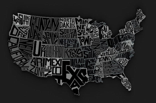 Photo carte géographique des états-unis d'amérique lettres métalliques rendu 3d du lettrage du territoire américain