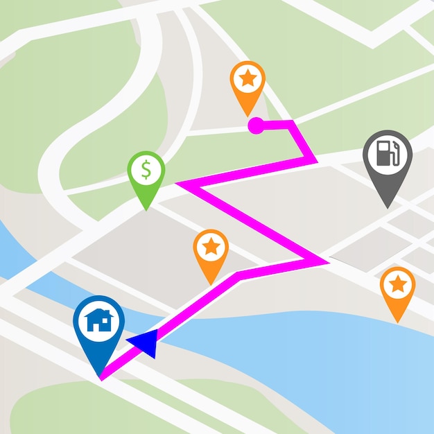 Carte gps et route de la direction de la route et de la navigation de la rue de la ville et du point de repère dans le site Web de l'application et en ligne Guide de l'emplacement et numérique pour les informations de voyage et de voyage pour le voyage touristique et l'icône