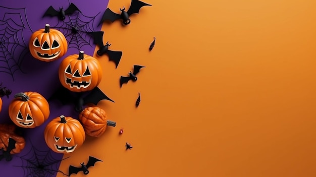 Carte d'Halloween blanche vierge avec citrouilles et araignées Affiche invitation maquette squelette d'Halloween