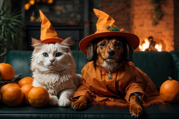 Photo carte d'halloween canine et féline effrayante avec des chats et des chiens en chapeau de sorcière