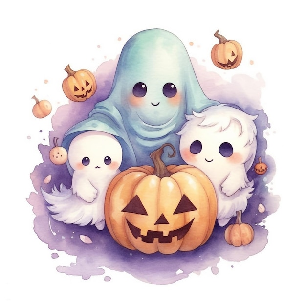 Une carte d'halloween avec trois fantômes et une citrouille avec les mots " halloween " dessus.
