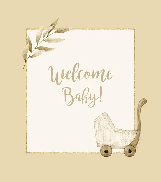 Photo carte d'illustration aquarelle bienvenue bébé, cadre, poussette, branche. clipart dessiné à la main.