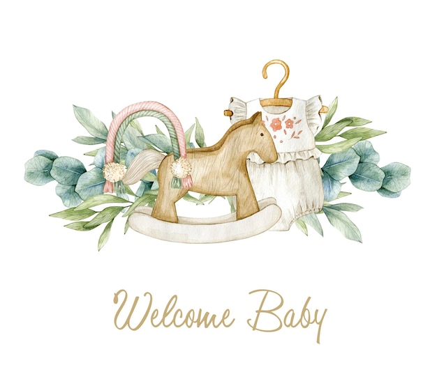 Photo carte d'illustration aquarelle bienvenue bébé avec eucalyptus bébé barboteuse arc-en-ciel isolé sur blanc
