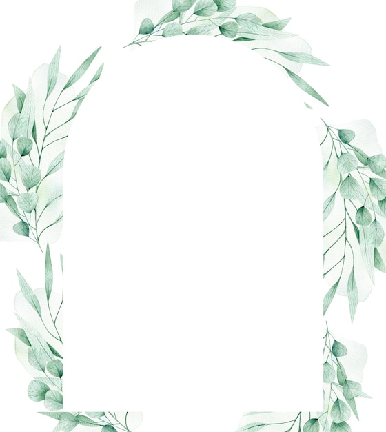 Carte d'illustration aquarelle avec cadre branches d'eucalyptus isolé sur fond blanc