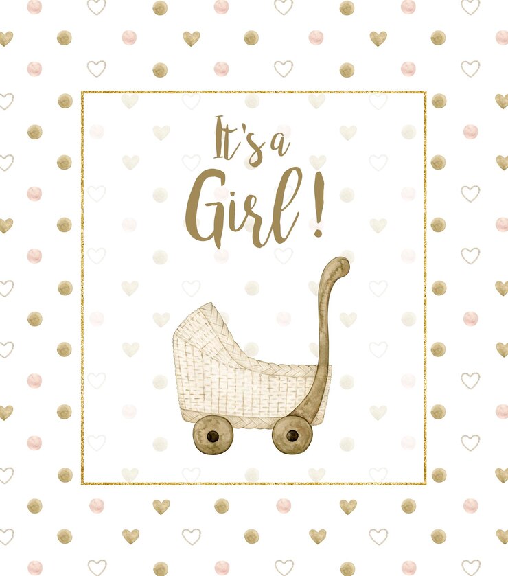Photo carte d'illustration aquarelle c'est une fille, un cadre, un pois, une poussette. clipart dessiné à la main.