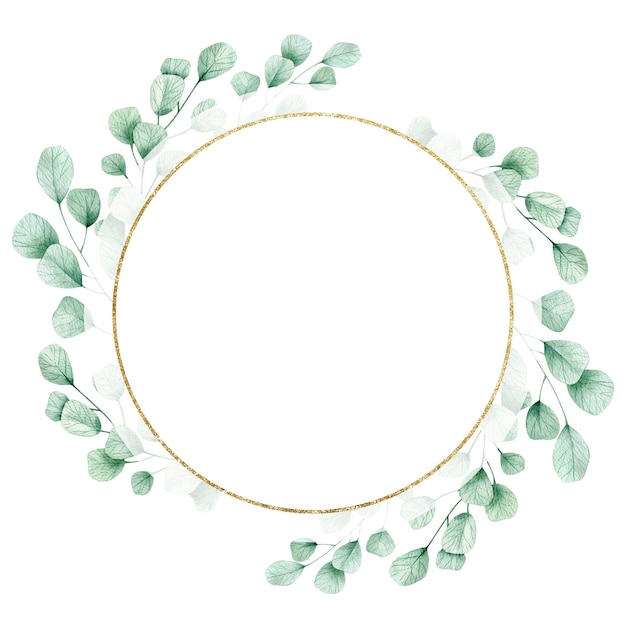 Carte d'illustration aquarelle eucalyptus et cadre doré cercle isolé sur fond blanc