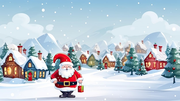 Une carte illustrée avec l'image du Père Noël sur le fond d'une petite ville de Noël enneigée